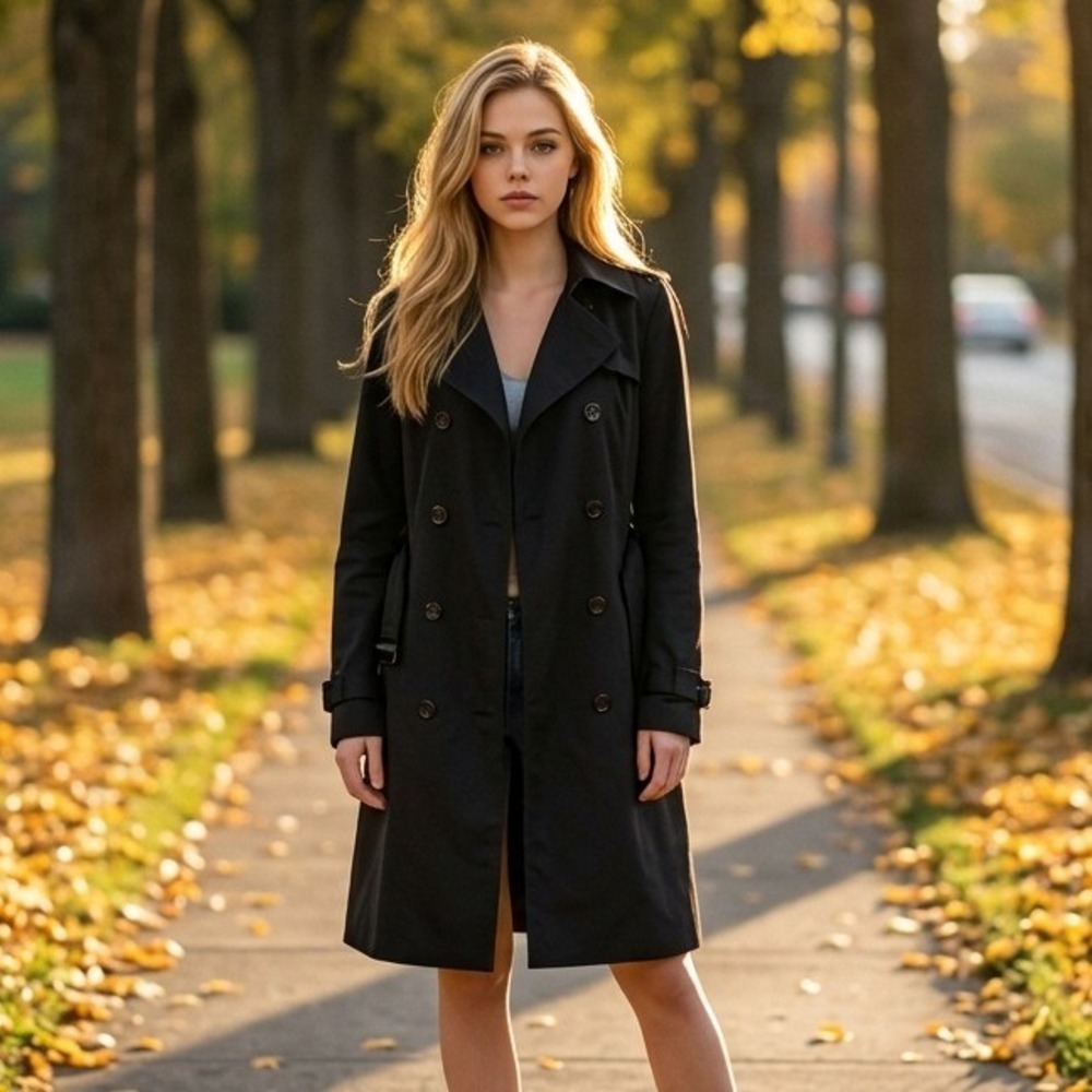 London Fog Double Breasted Trench Coat Black Belted City Fall Chic Size PXS